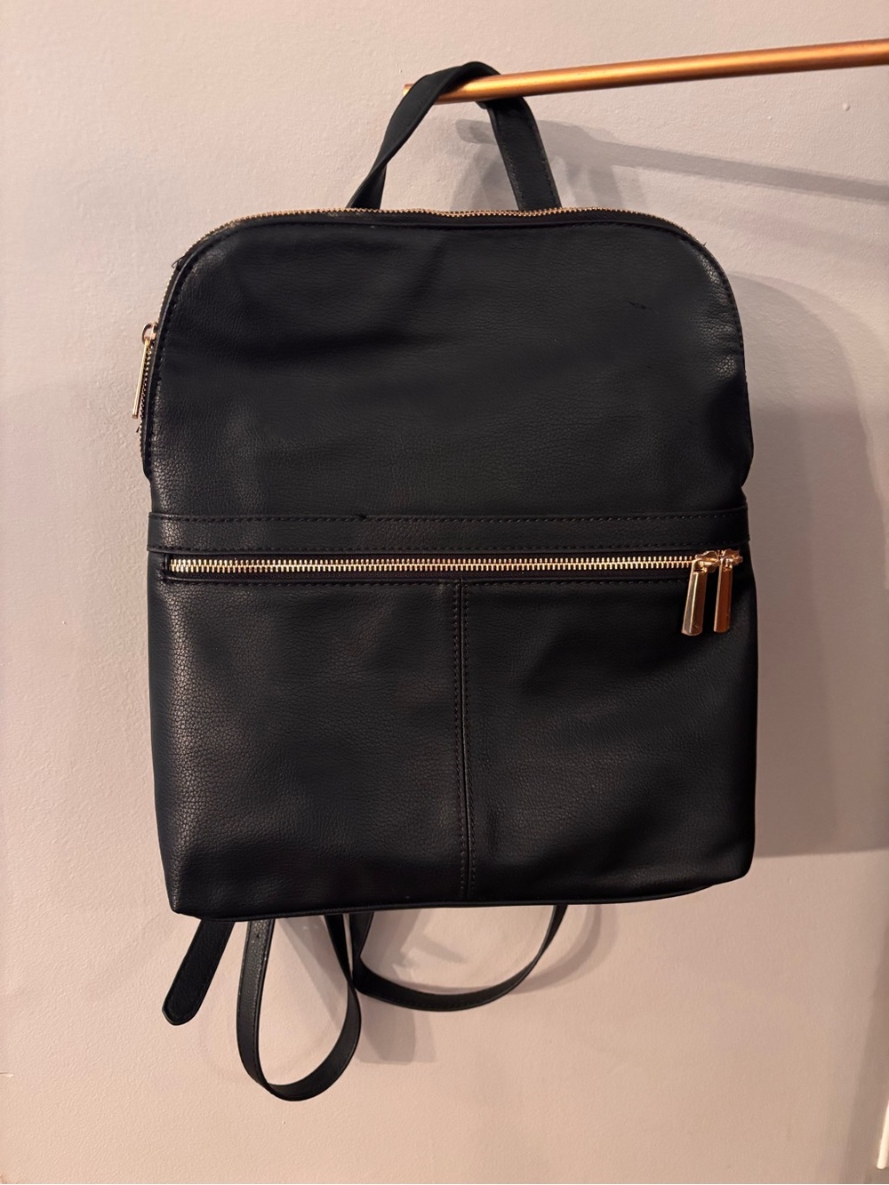 Sleek Black Faux Leather Backpack with Gold Zippers
